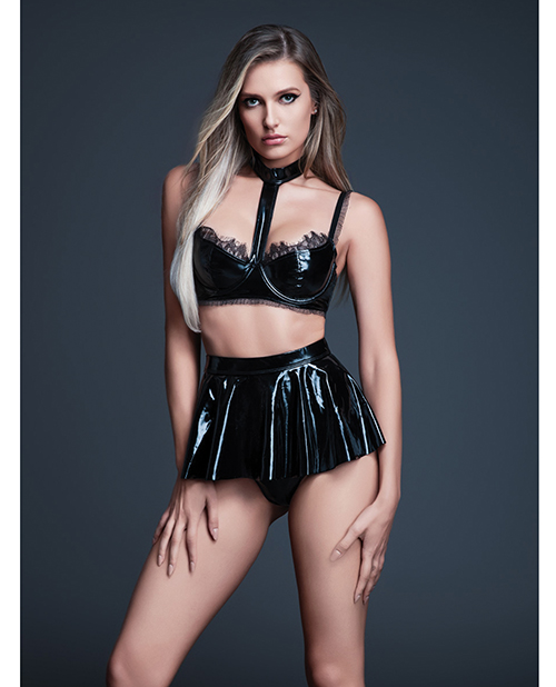 Allure Naughty Nights Latex Look Vinyl and Lace Choker Bra & Mini Skirt 2 pc Set