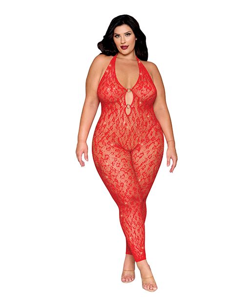 Leopard Pattern Seamless Bodystocking with Gold Details - Red QN