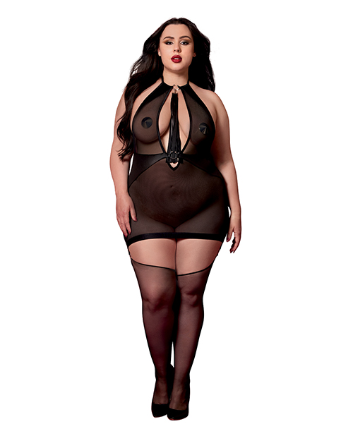 Stretch Mesh and Faux Leather Gartered Chemise with Removable Flogger - Black QN