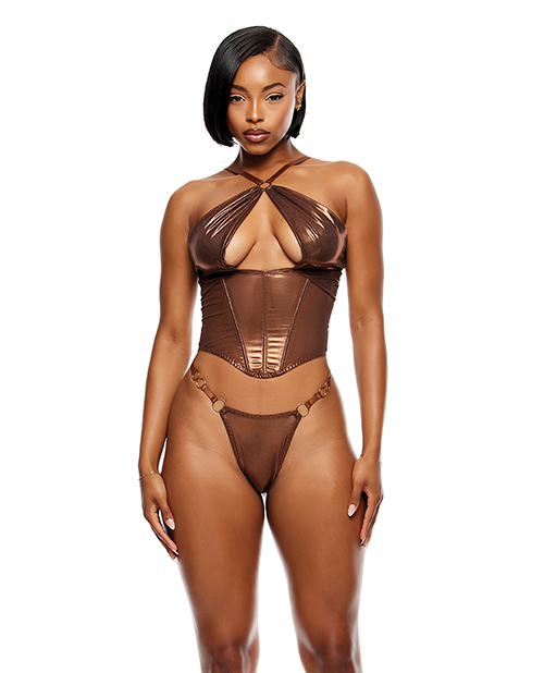 Liquid Metal Metallic Mesh Bustier with G-String 2 pc Set - Metallic Copper LG