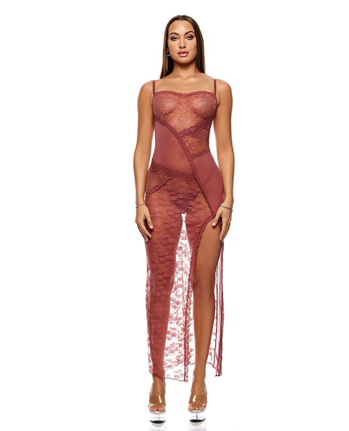 Patch of Petals Sheer Mesh and Lace Gown with Thong 2 pc Set - Mauve LG