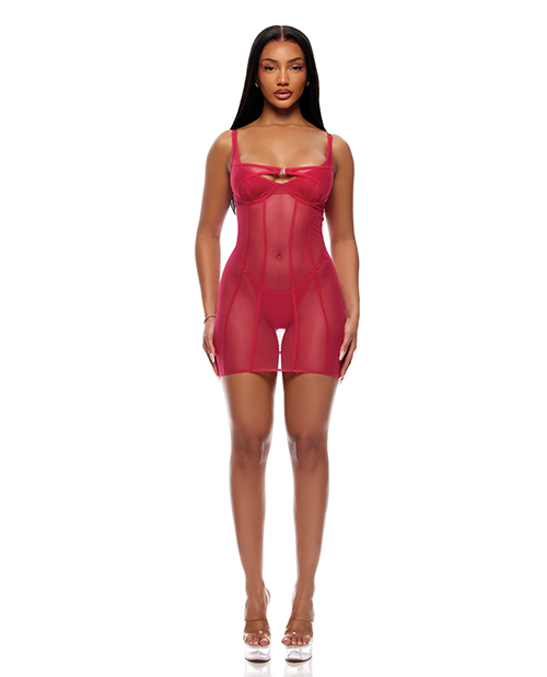 Layers To This Sheer Mesh and Knit Chemise with Thong 2 pc Set - Pink SM