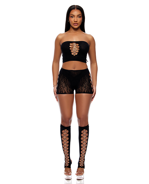 Cross Your Mind Tube Top with Boy Short & Open Toe Socks Bodystocking - Black QN