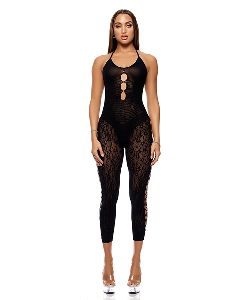Cross Your Mind Capri Floral Knit Bodystocking with Rhinestone Details - Black QN