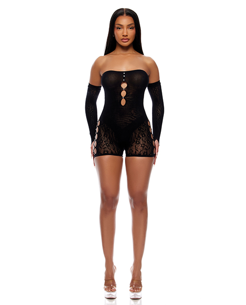 Cross Your Mind Romper Bodystocking with Rhinestone Details & Gloves 2 pc Set - Black QN
