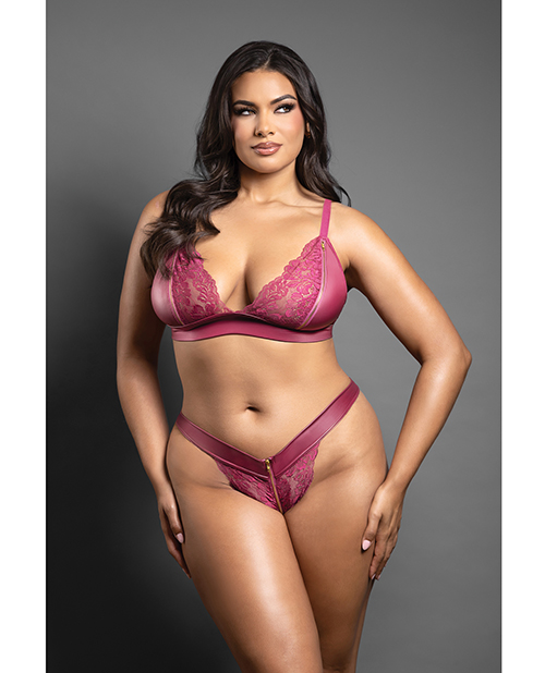 Domina Lace Bralette & Panty in Leatherette with Zipper Detail - Berry QN