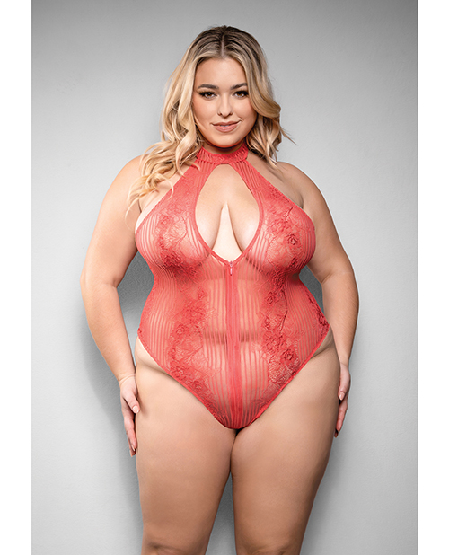 Temptress Calliope Striped Sheer Floral Lace Zippered Teddy - Coral 3X/4X
