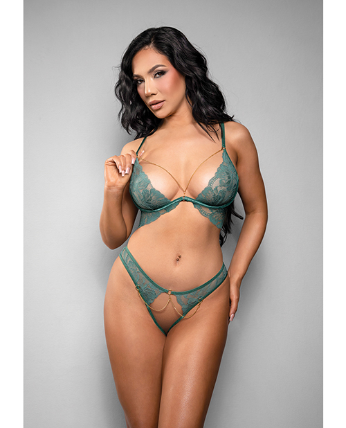 Temptress Aerin Lace Bra with Removable Chain & Panty 2 pc Set - Green L/XL