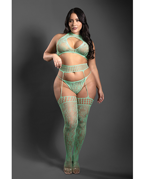 Sheer Heart Of Glass Lace Knit Halter Top with G-String & Gartered Stockings 3 pc Set - Mint QN