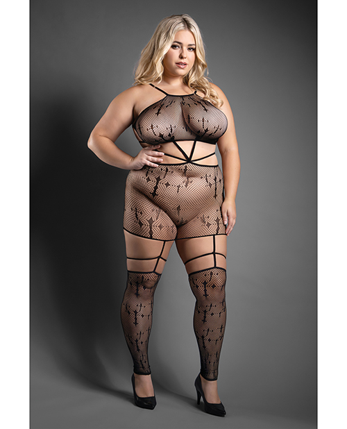 Sheer Unholy Gartered Bodystocking Dress with Attached Stockings - Black QN