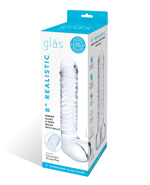 Glas 8" Realistic Ribbed Glass G-Spot Dildo with Balls