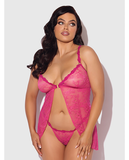 Yvone Lace Babydoll with Front Closure & G-String 2 pc Set - Pink 1X/2X