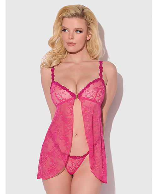 Yvone Lace Babydoll with Front Closure & G-String 2 pc Set - Pink MD