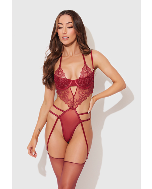 Eden Embroidered Lace & Mesh Teddy w/Garters - Dark Red MD