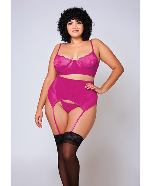 Soft Lace Bra, High Waist Satin & Mesh Garterbelt & G-String