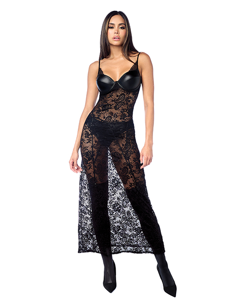 Lace Underwire Long Gown with Panty & Garter Belt 2 pc Set (Stockings not Included) - Black S/M