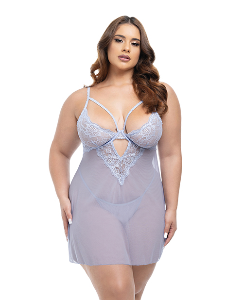 Elsie Lace & Mesh Underwire Babydoll with G-String 2 pc Set - Brunnera Blue 1X/2X