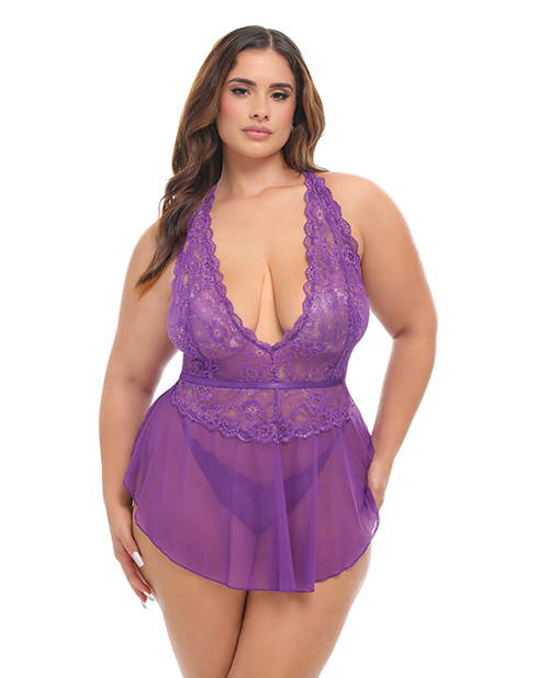 Harmony V-Plunge Lace & Mesh Babydoll with G-String - Purple 1X/2X