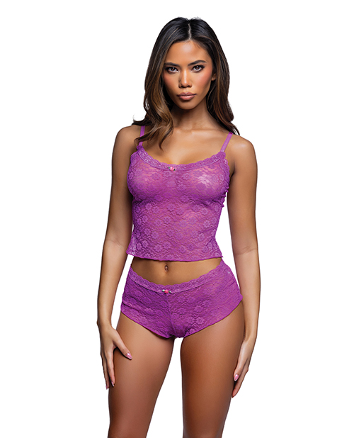 Lacy Lounger Floral Lace Camisole with Matching Shorts - Fuchsia S/M