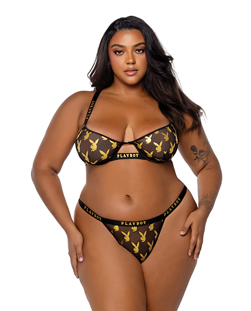 Playboy Gold Foil Mesh & Satin Bralette with Thong 2 pc Set