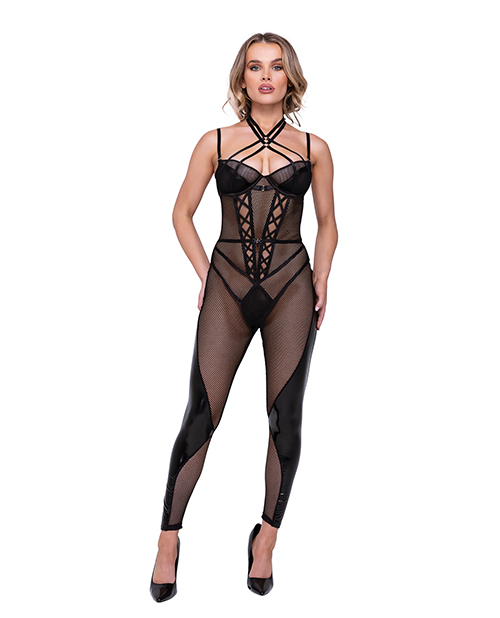 Flirty Fetish Fishnet & Faux Leather Catsuit with Satin Trim