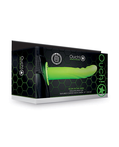 Shots Ouch 8" Textured Curved Hollow Strap On - Glow in the