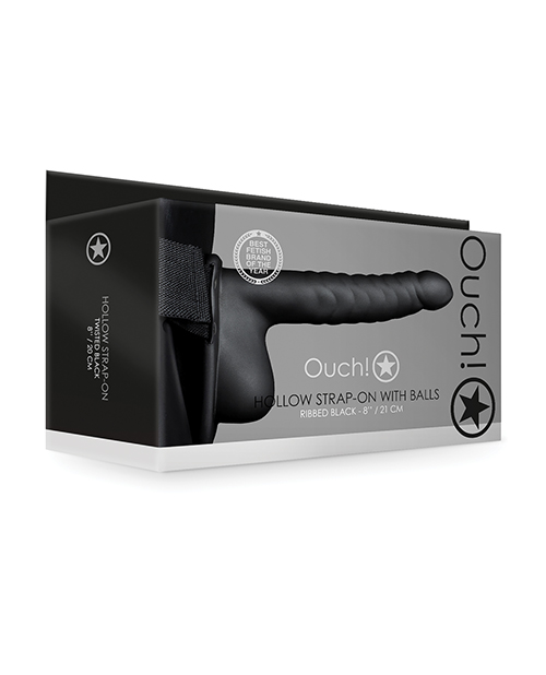 Shots Ouch 8" Ribbed Hollow Strap On with Balls