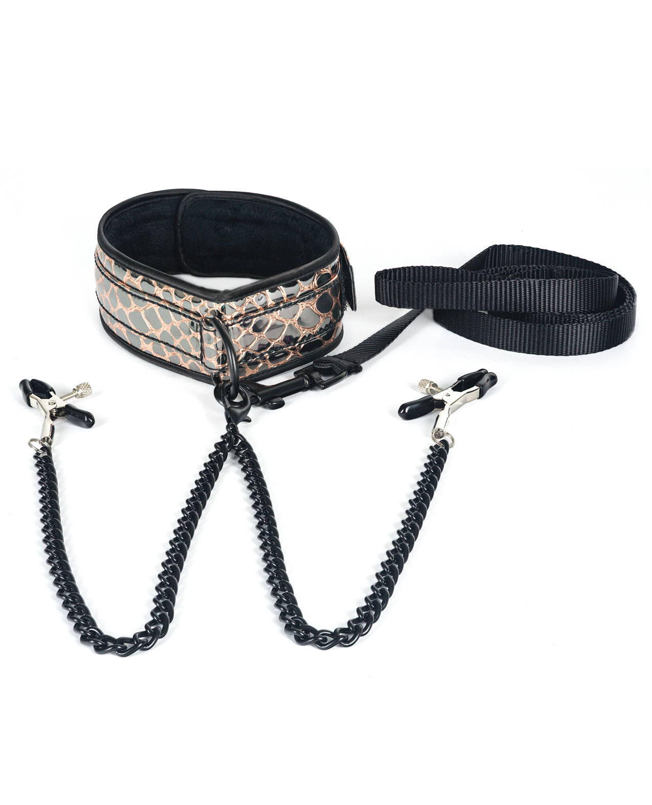 Spartacus Faux Leather Collar & Leash with Black Nipple Clamps