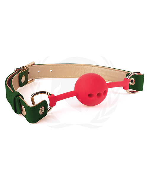 Spartacus Silicone Ball Gag with Green Gold PU Straps