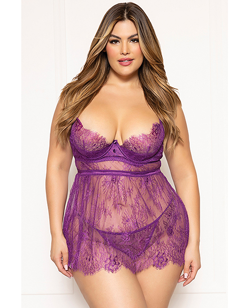 Floral Eyelash Lace Underwire Babydoll with Thong 2 pc Set - Purple 3X/4X