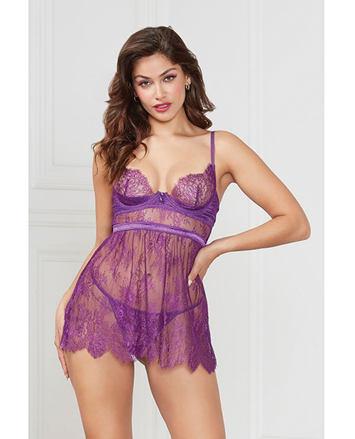 Floral Eyelash Lace Underwire Babydoll with Thong 2 pc Set - Purple SM