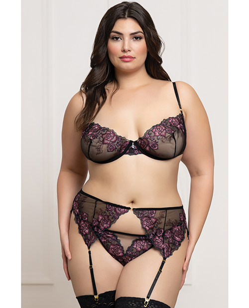 Floral Lace and Mesh Underwire Bra with Garter & Thong 3 pc Set - Black/Purple 3X/4X