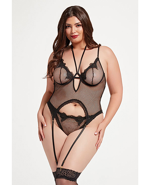 Stretch Mesh and Lace Cami with Thong 2 pc Set - Black QN