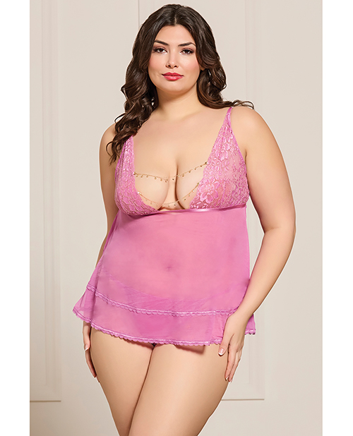 Lace and Mesh Babydoll with Thong & Rhinestone Detail - Pink QN