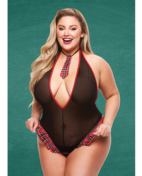 Teacher's Pet Schoolgirl See Thru Crotchless Teddy with Tie Black/Red QN