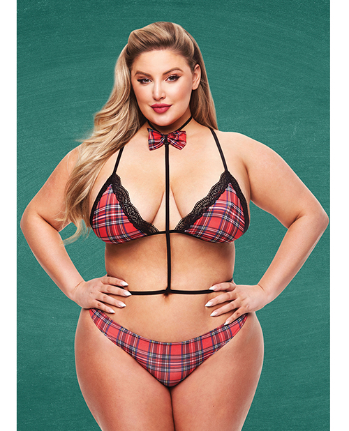 Teacher's Pet Baddie Schoolgirl Top with Bow Tie & Panty Red/Black QN